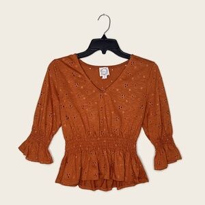 Blue Rain Orange Floral Charlotte Eyelet Peplum Top